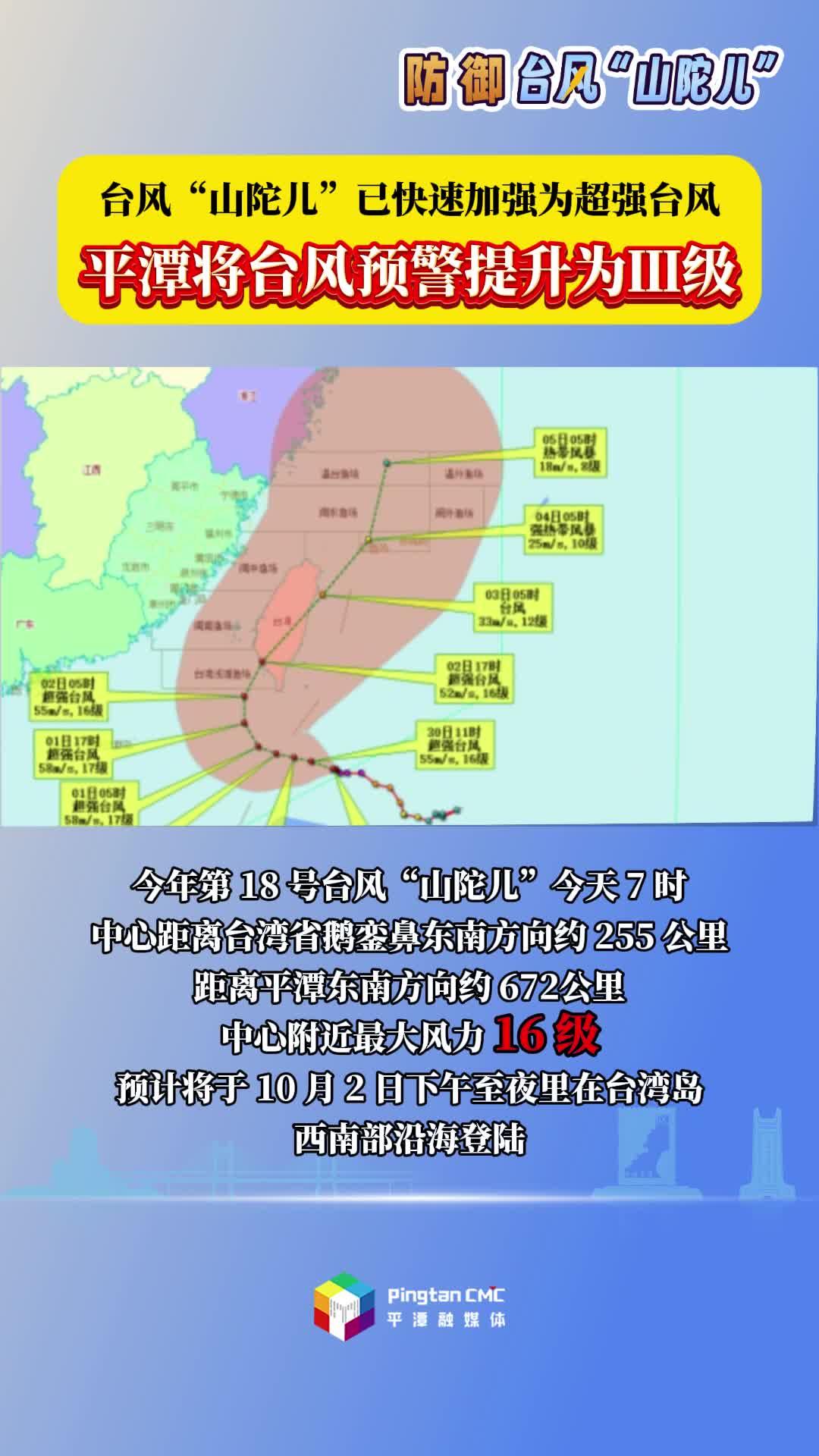 臺風(fēng)“山陀兒”已快速加強(qiáng)為超強(qiáng)臺風(fēng)，平潭將臺風(fēng)預(yù)警提升為Ⅲ級